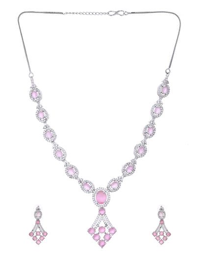VOJ Silver Plated Baby Pink Ad Stone Studded Necklace Set