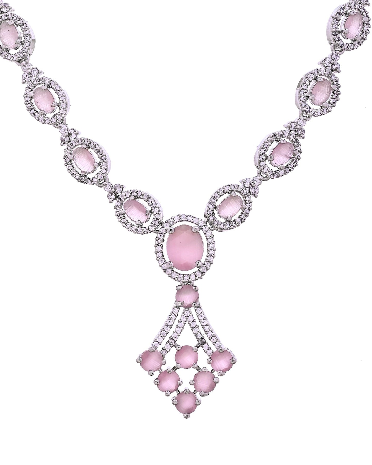 VOJ Silver Plated Baby Pink Ad Stone Studded Necklace Set