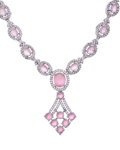 VOJ Silver Plated Baby Pink Ad Stone Studded Necklace Set