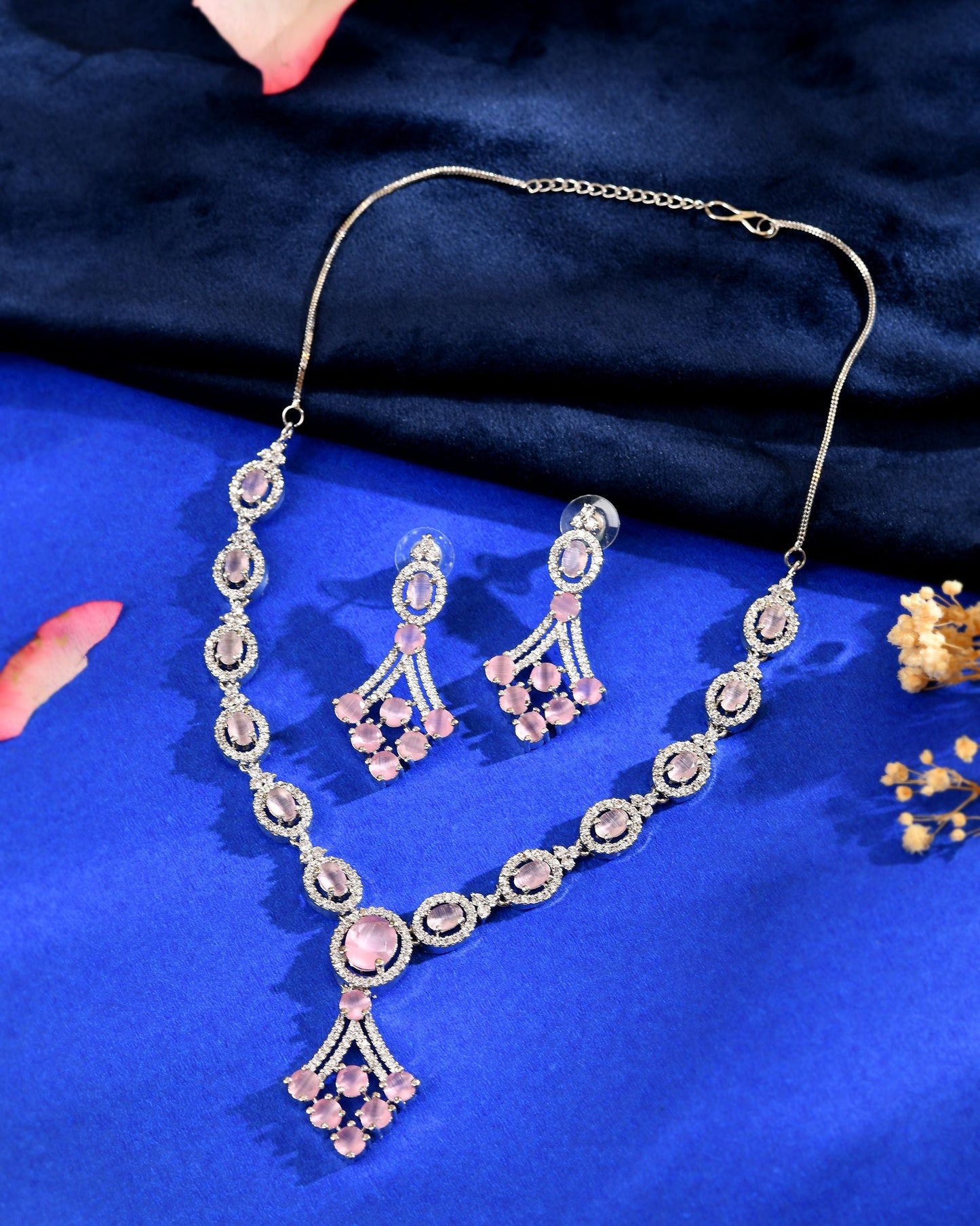 VOJ Silver Plated Baby Pink Ad Stone Studded Necklace Set