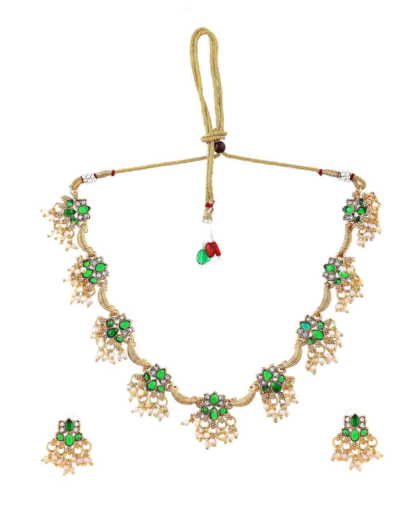 VOJ Gold Tone Green Floral Necklace Set