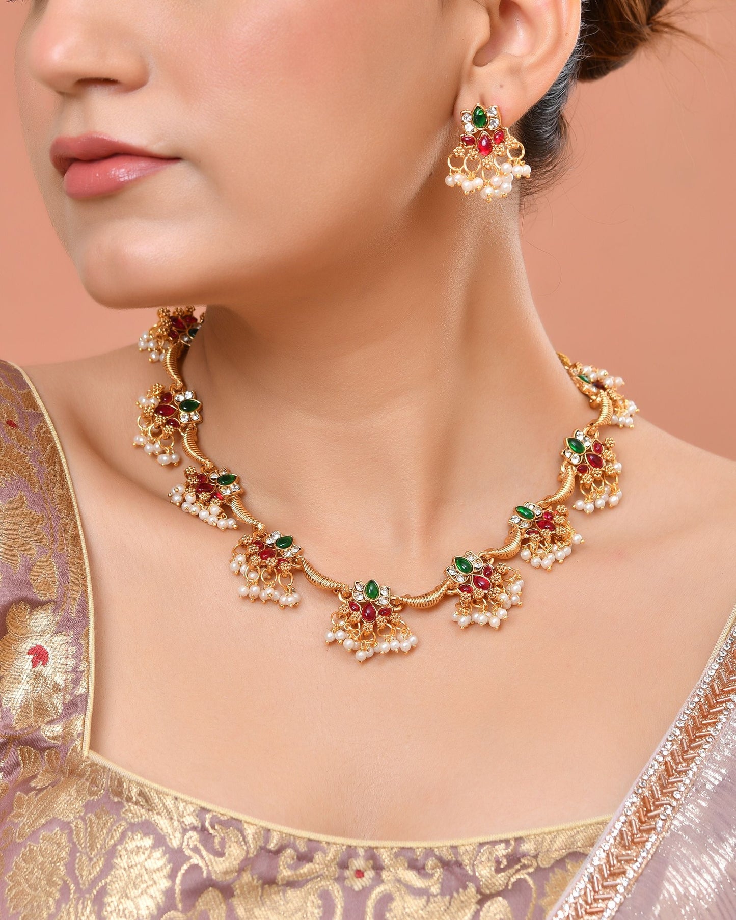VOJ Gold Tone Multi Colour Floral Necklace Set
