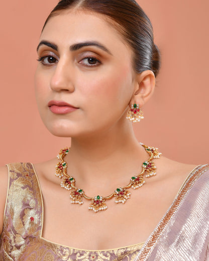 VOJ Gold Tone Multi Colour Floral Necklace Set