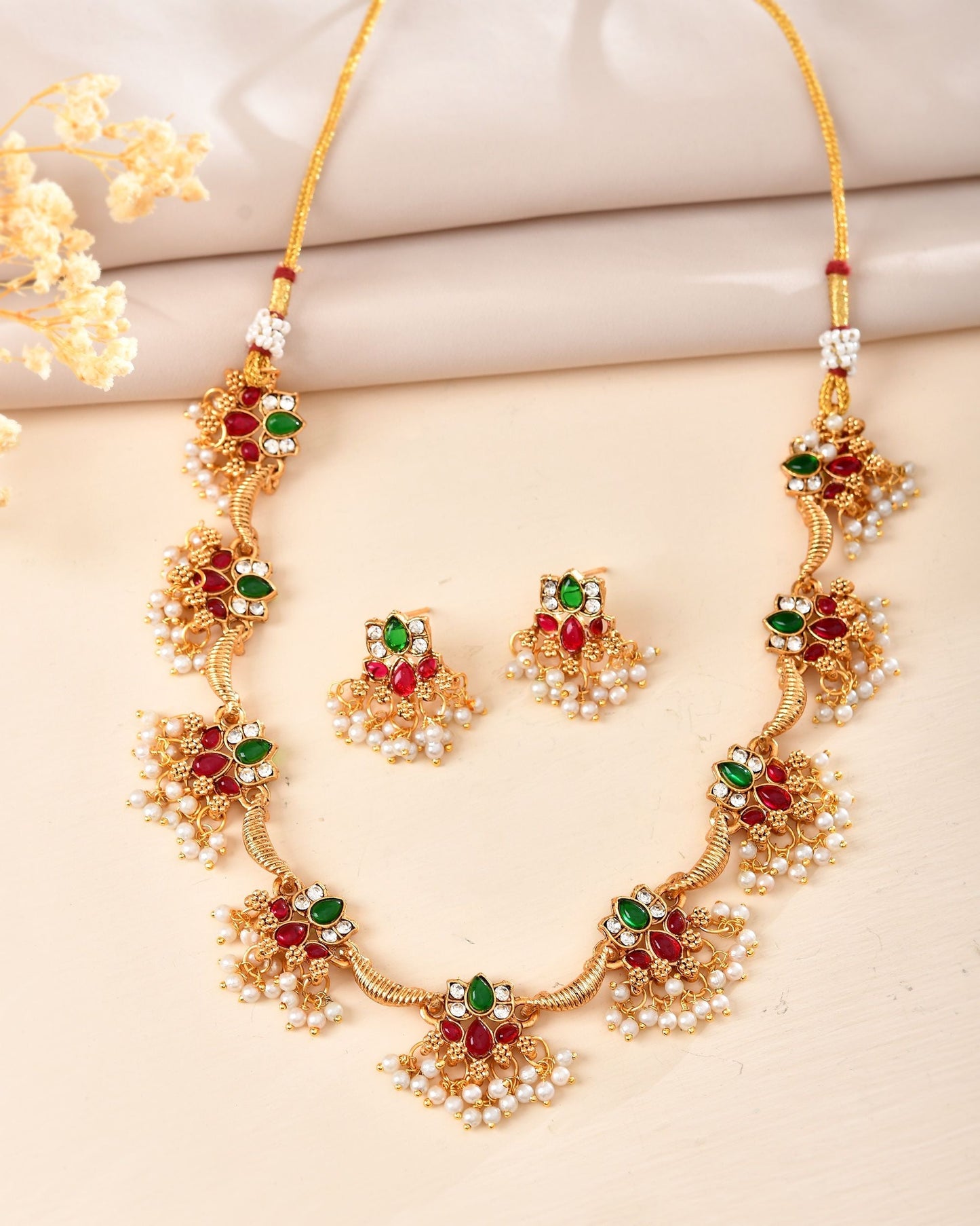 VOJ Gold Tone Multi Colour Floral Necklace Set