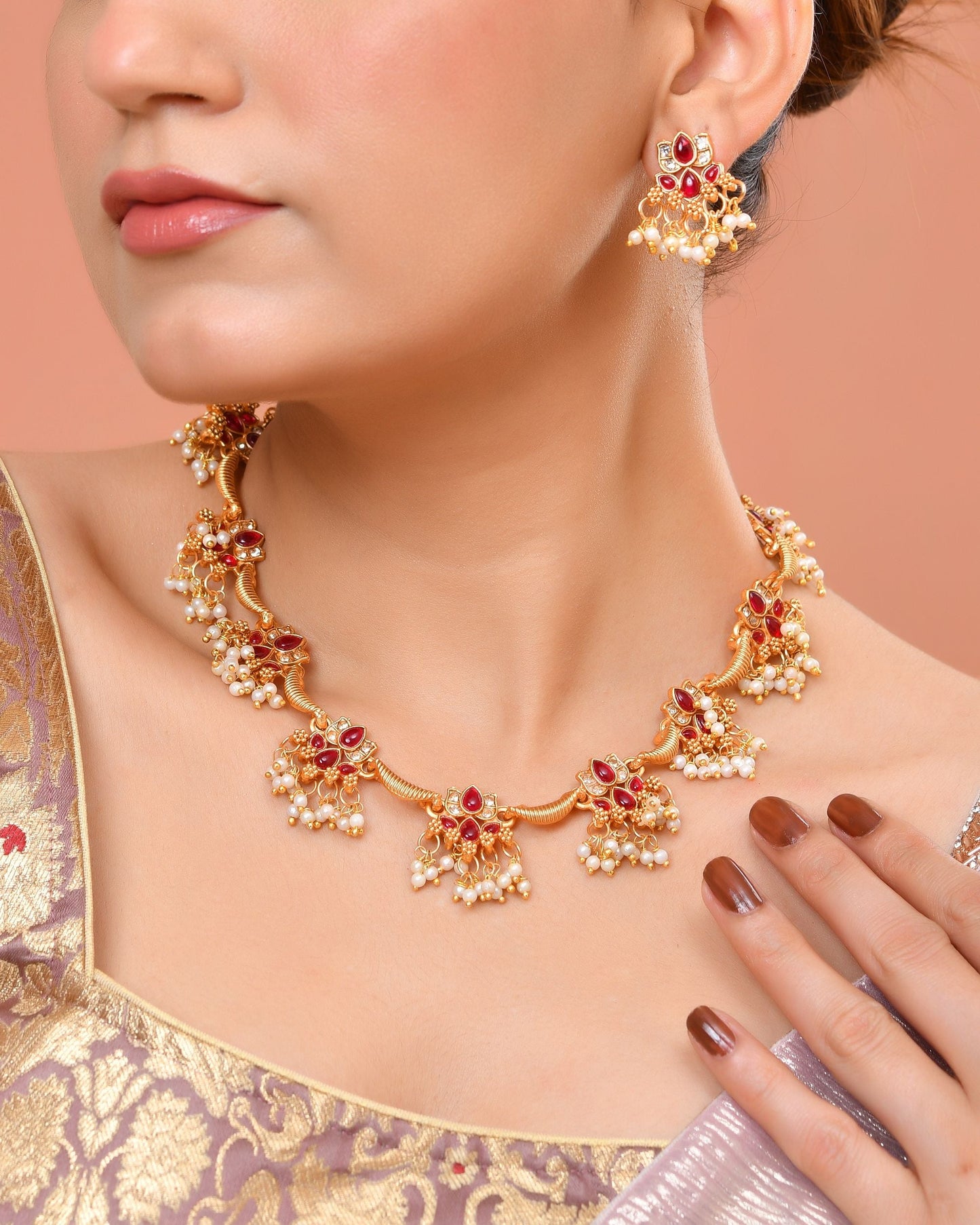 VOJ Gold Tone Ruby Red Floral Necklace Set