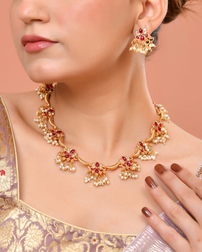 VOJ Gold Tone Ruby Red Floral Necklace Set