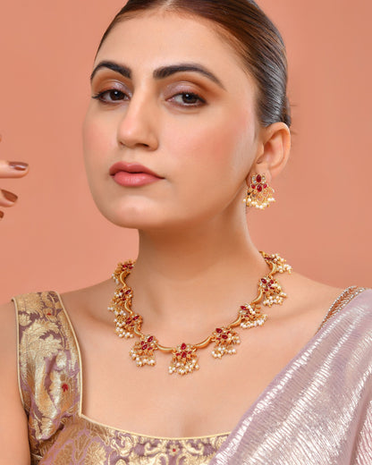 VOJ Gold Tone Ruby Red Floral Necklace Set