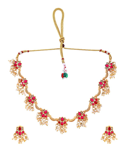 VOJ Gold Tone Ruby Red Floral Necklace Set
