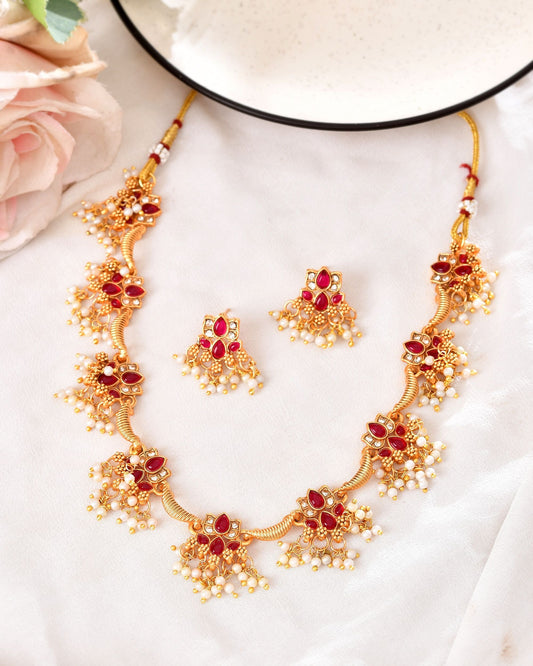 VOJ Gold Tone Ruby Red Floral Necklace Set