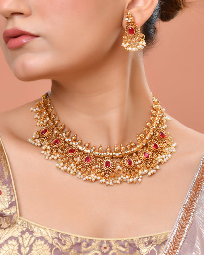 VOJ Gold Plated Ruby Red Stone Oval Jewellery Set
