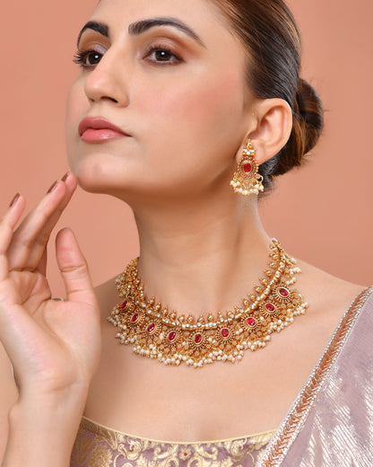VOJ Gold Plated Ruby Red Stone Oval Jewellery Set