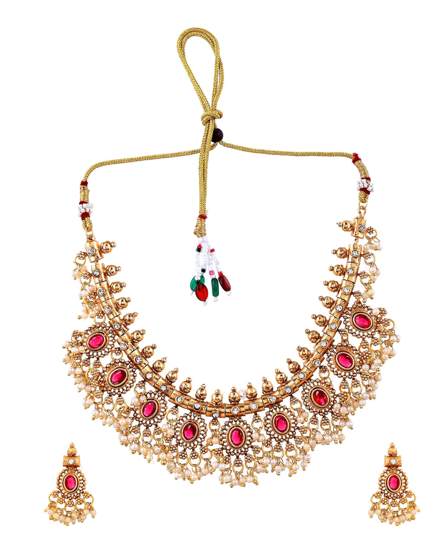 VOJ Gold Plated Ruby Red Stone Oval Jewellery Set