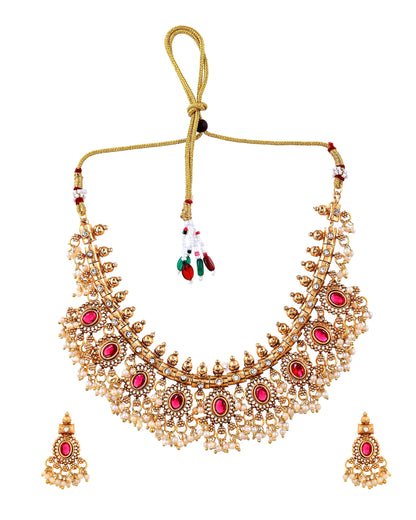 VOJ Gold Plated Ruby Red Stone Oval Jewellery Set