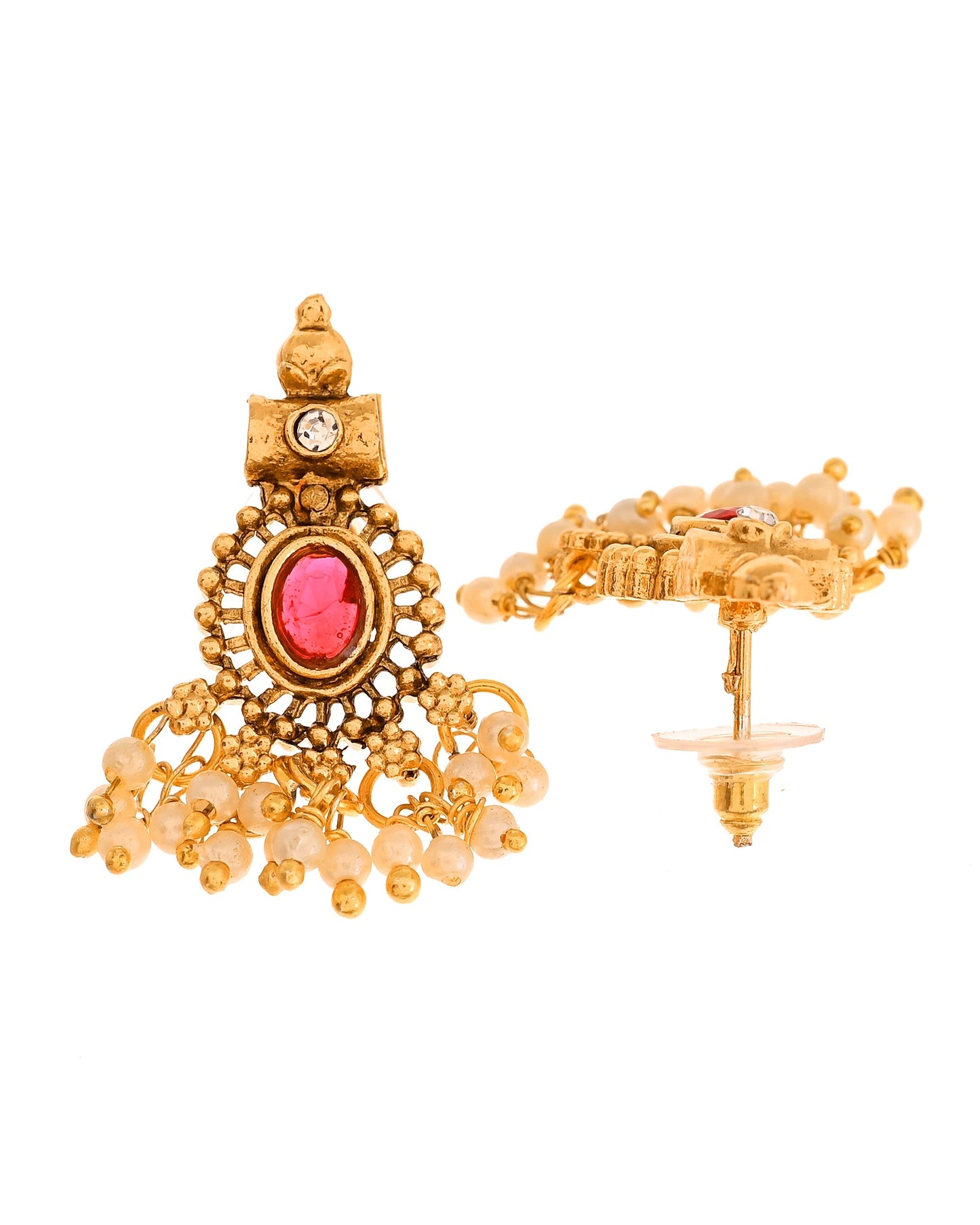 VOJ Gold Plated Ruby Red Stone Oval Jewellery Set