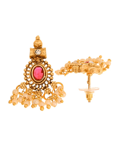 VOJ Gold Plated Ruby Red Stone Oval Jewellery Set