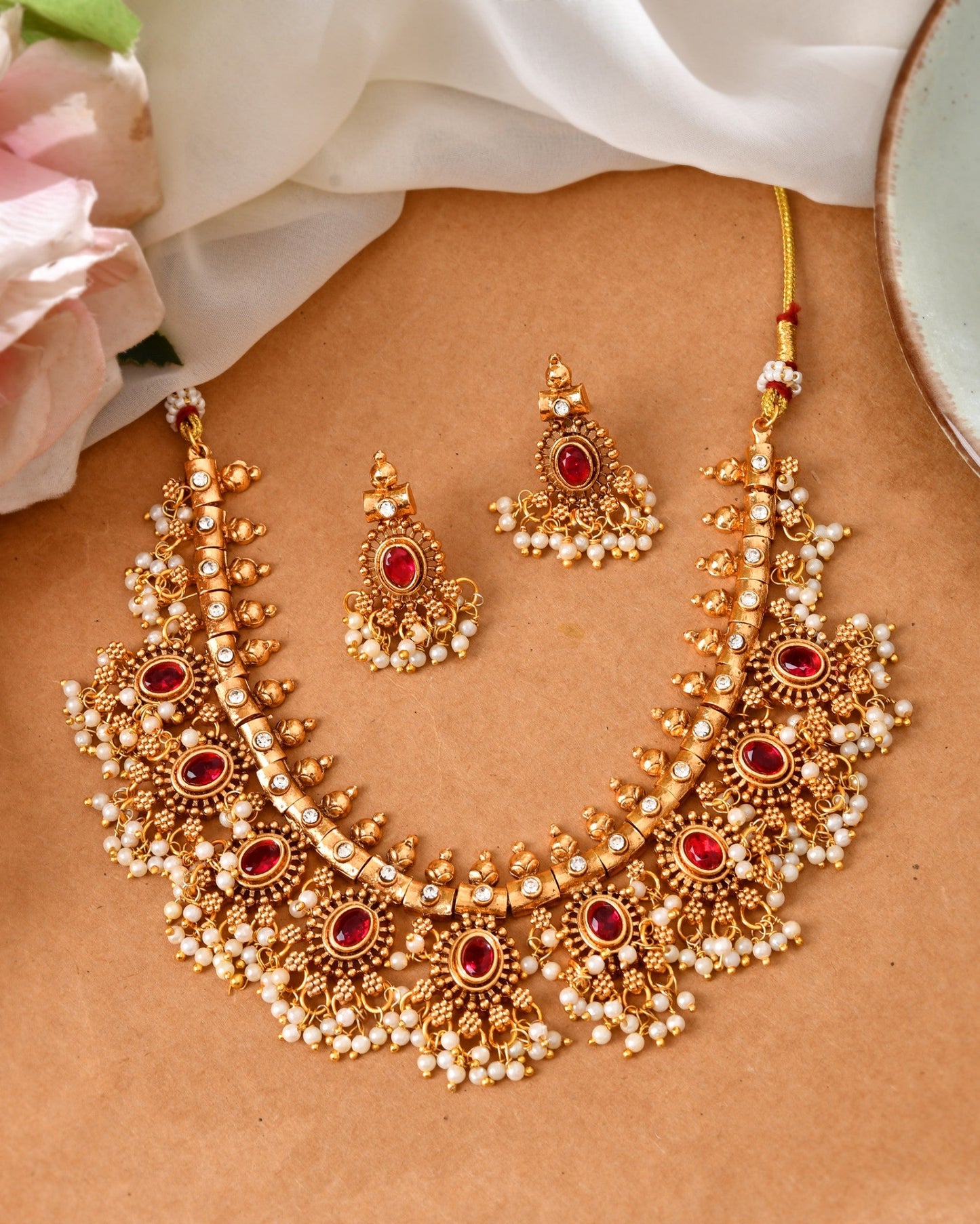 VOJ Gold Plated Ruby Red Stone Oval Jewellery Set
