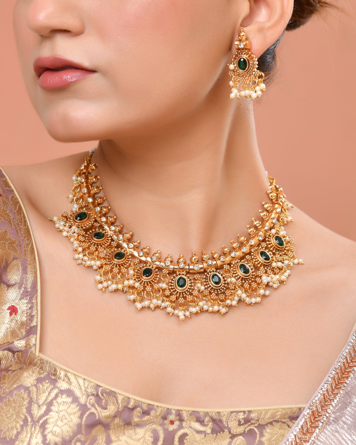 VOJ Gold Plated Green Stone Oval Jewellery Set