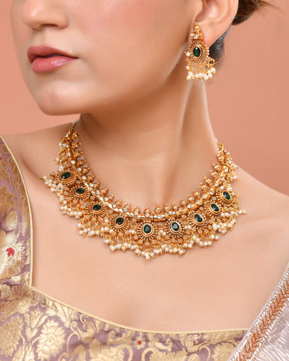 VOJ Gold Plated Green Stone Oval Jewellery Set