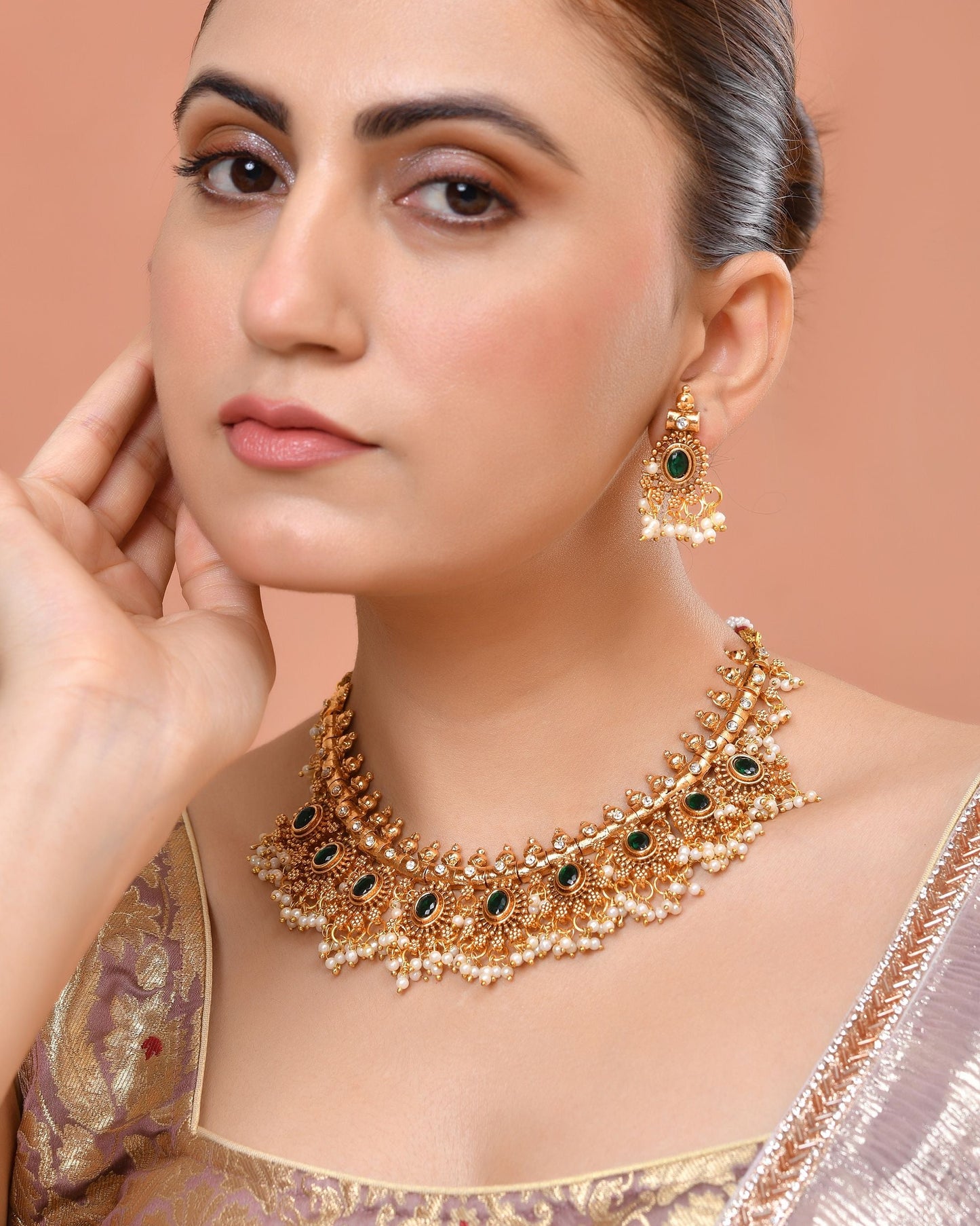 VOJ Gold Plated Green Stone Oval Jewellery Set