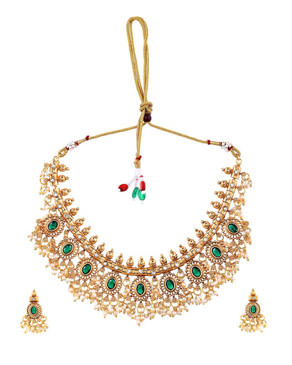 VOJ Gold Plated Green Stone Oval Jewellery Set