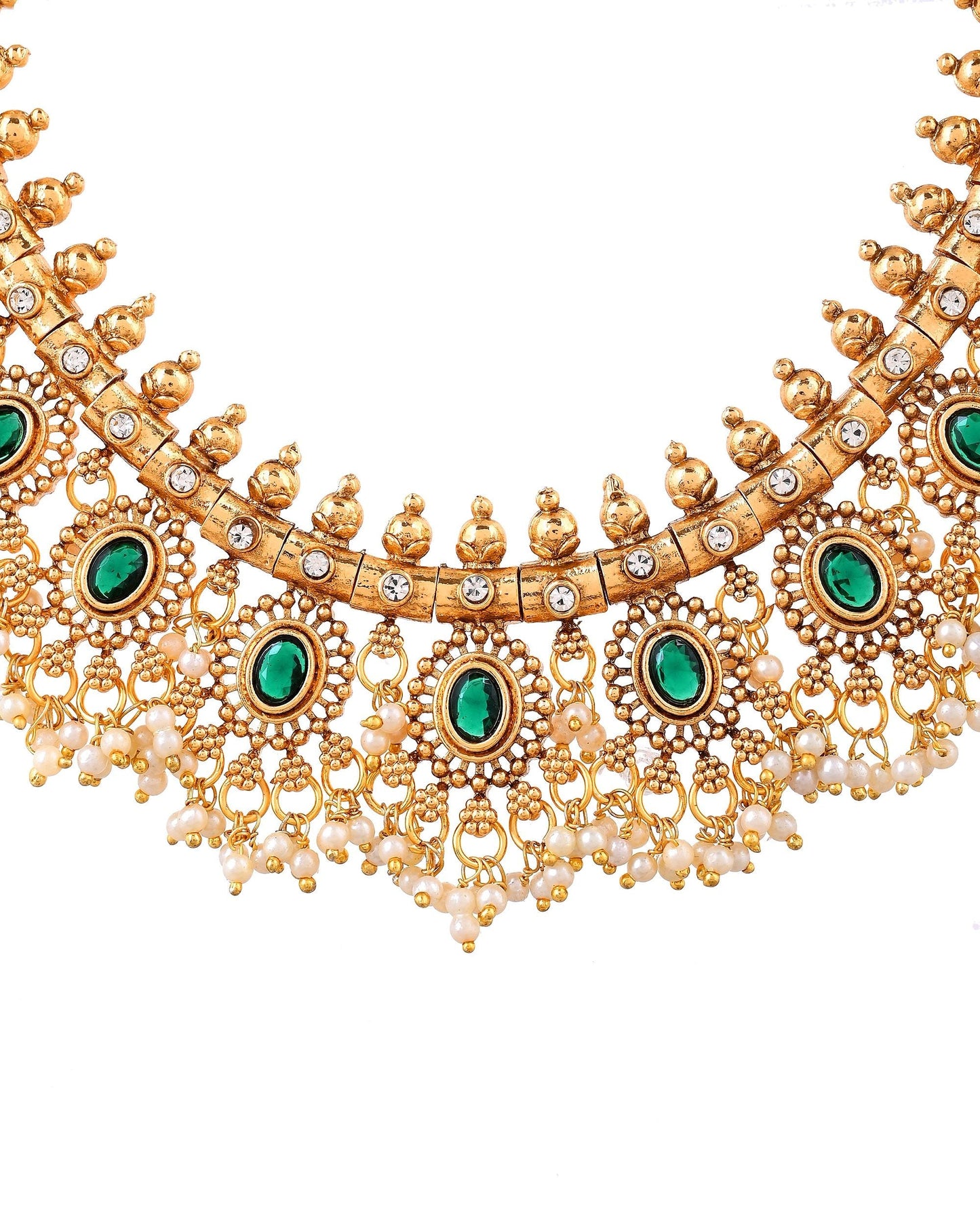 VOJ Gold Plated Green Stone Oval Jewellery Set