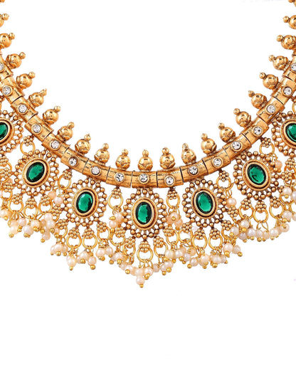 VOJ Gold Plated Green Stone Oval Jewellery Set