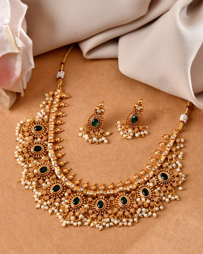 VOJ Gold Plated Green Stone Oval Jewellery Set