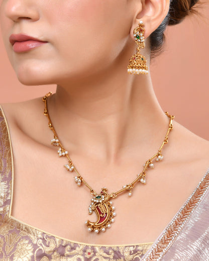 VOJ Gold Plated Antique Design Ruby Red Jewellery Set