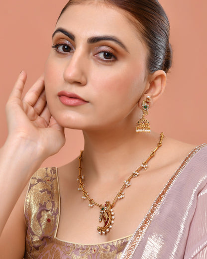 VOJ Gold Plated Antique Design Ruby Red Jewellery Set