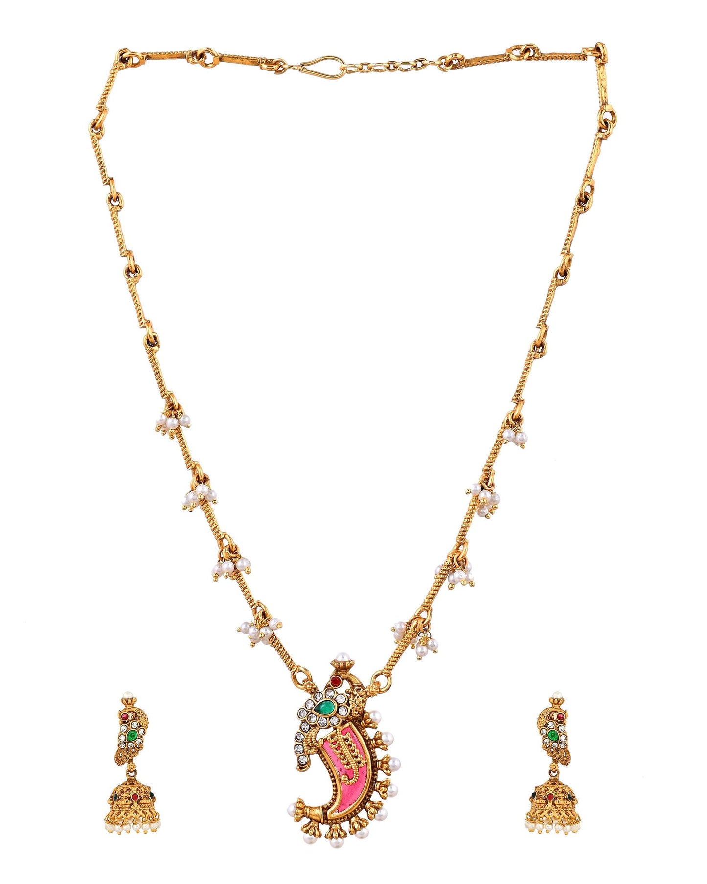 VOJ Gold Plated Antique Design Ruby Red Jewellery Set