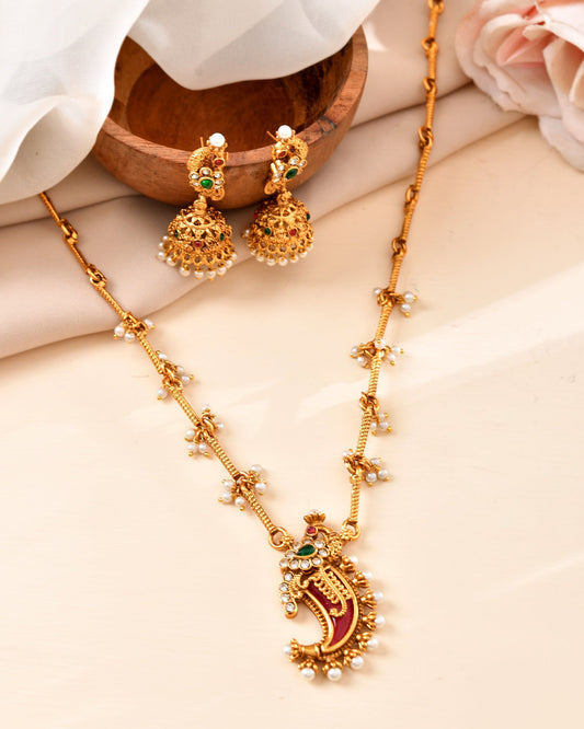 VOJ Gold Plated Antique Design Ruby Red Jewellery Set