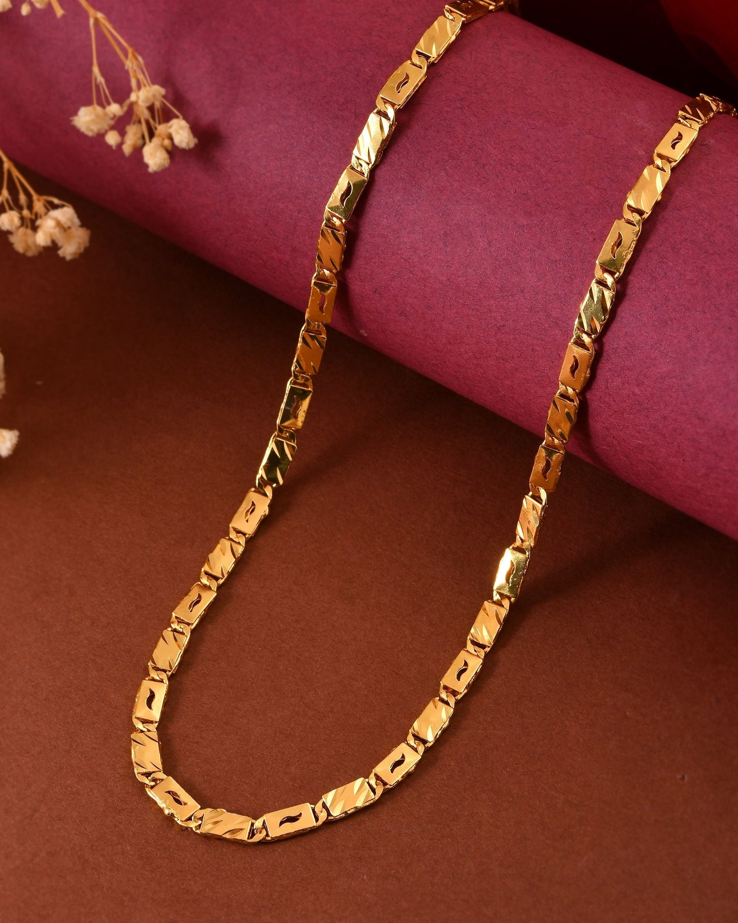 VOJ Gold Plated Wave Design Biscuit Chain For Men