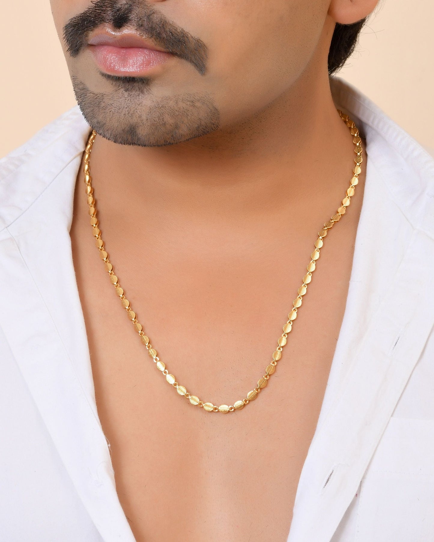 VOJ Gold Plated Oval Leaf Shaped Chain For Men