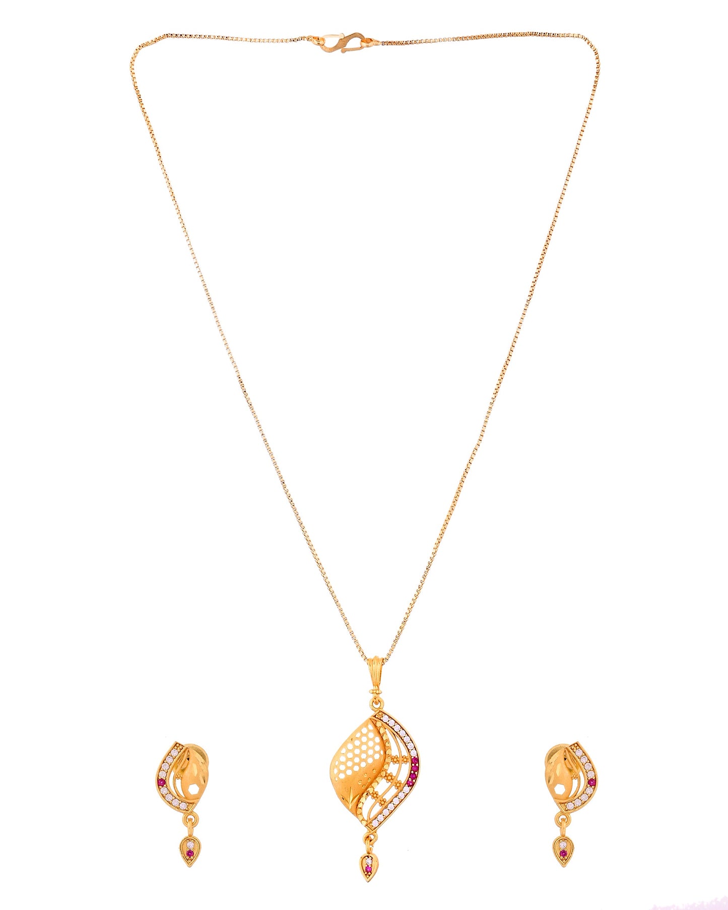 VOJ Gold Plated Simple Chain With Pendant And Earrings Set