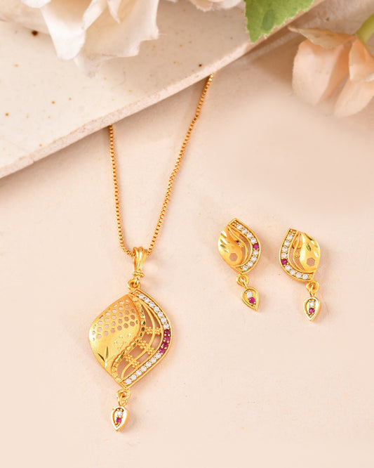 VOJ Gold Plated Simple Chain With Pendant And Earrings Set