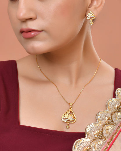 VOJ Gold Plated Floral Design Triangular Pendant With Chain And Earrings Set