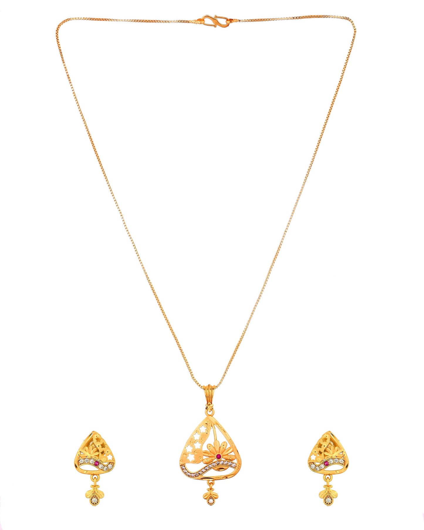VOJ Gold Plated Floral Design Triangular Pendant With Chain And Earrings Set