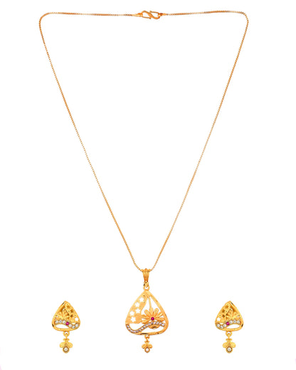 VOJ Gold Plated Floral Design Triangular Pendant With Chain And Earrings Set