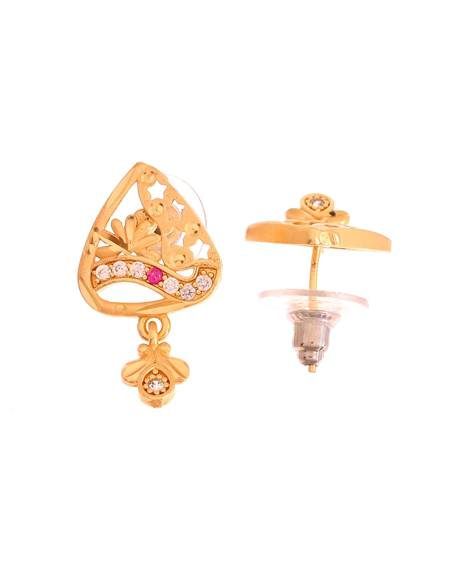 VOJ Gold Plated Floral Design Triangular Pendant With Chain And Earrings Set