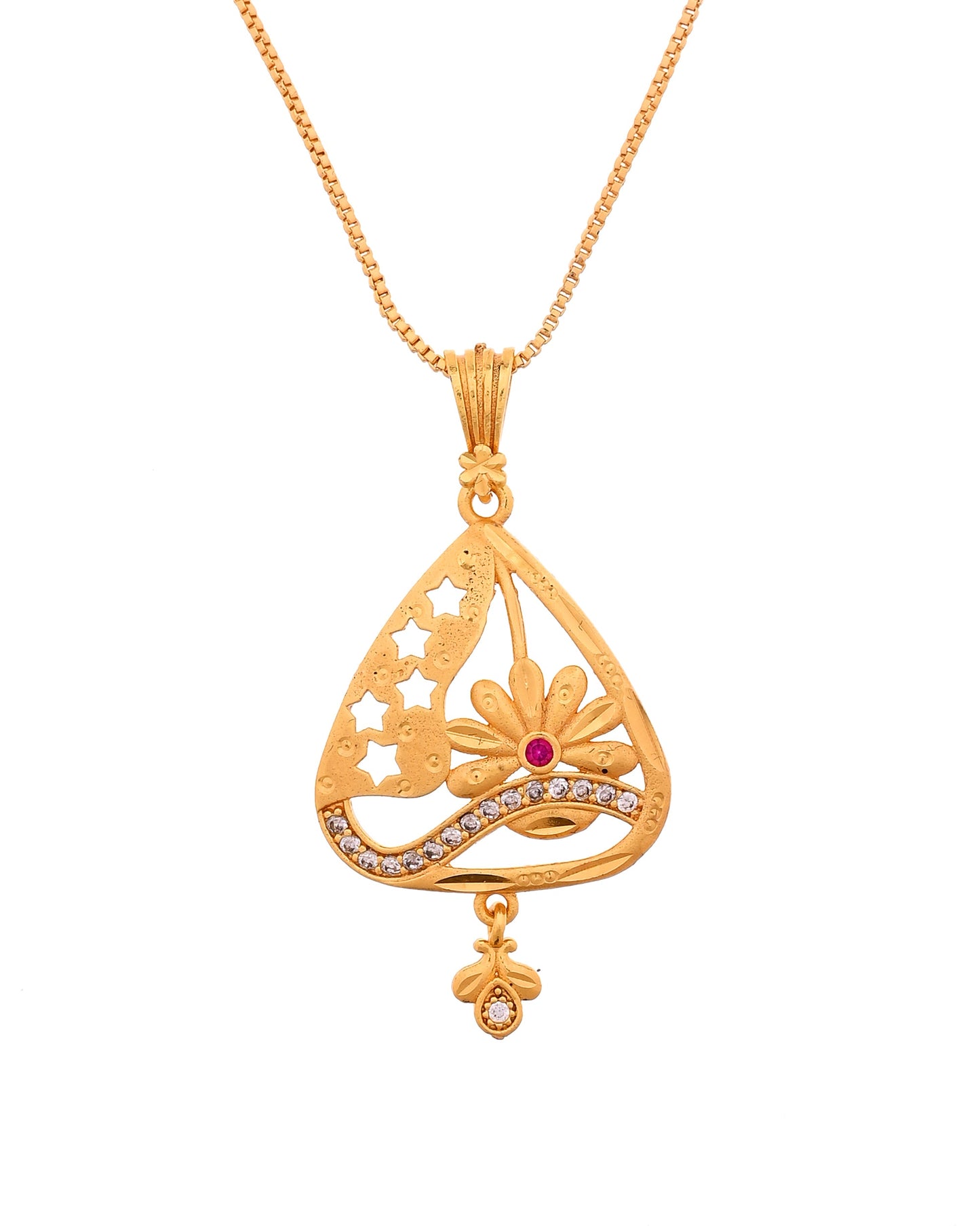 VOJ Gold Plated Floral Design Triangular Pendant With Chain And Earrings Set