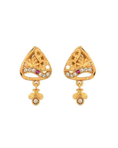 VOJ Gold Plated Floral Design Triangular Pendant With Chain And Earrings Set