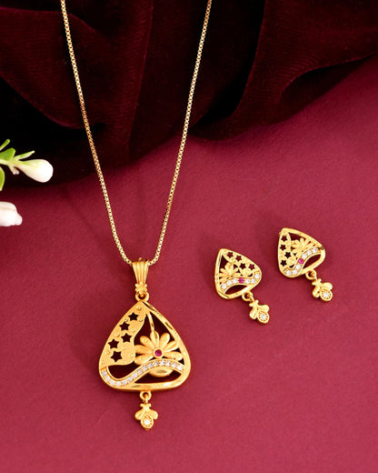 VOJ Gold Plated Floral Design Triangular Pendant With Chain And Earrings Set