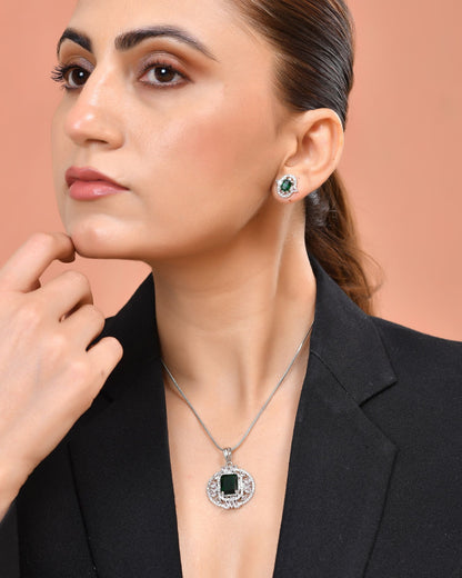 VOJ Silver Tone Blue Rectangular And Ad Stone Studded Chain Set
