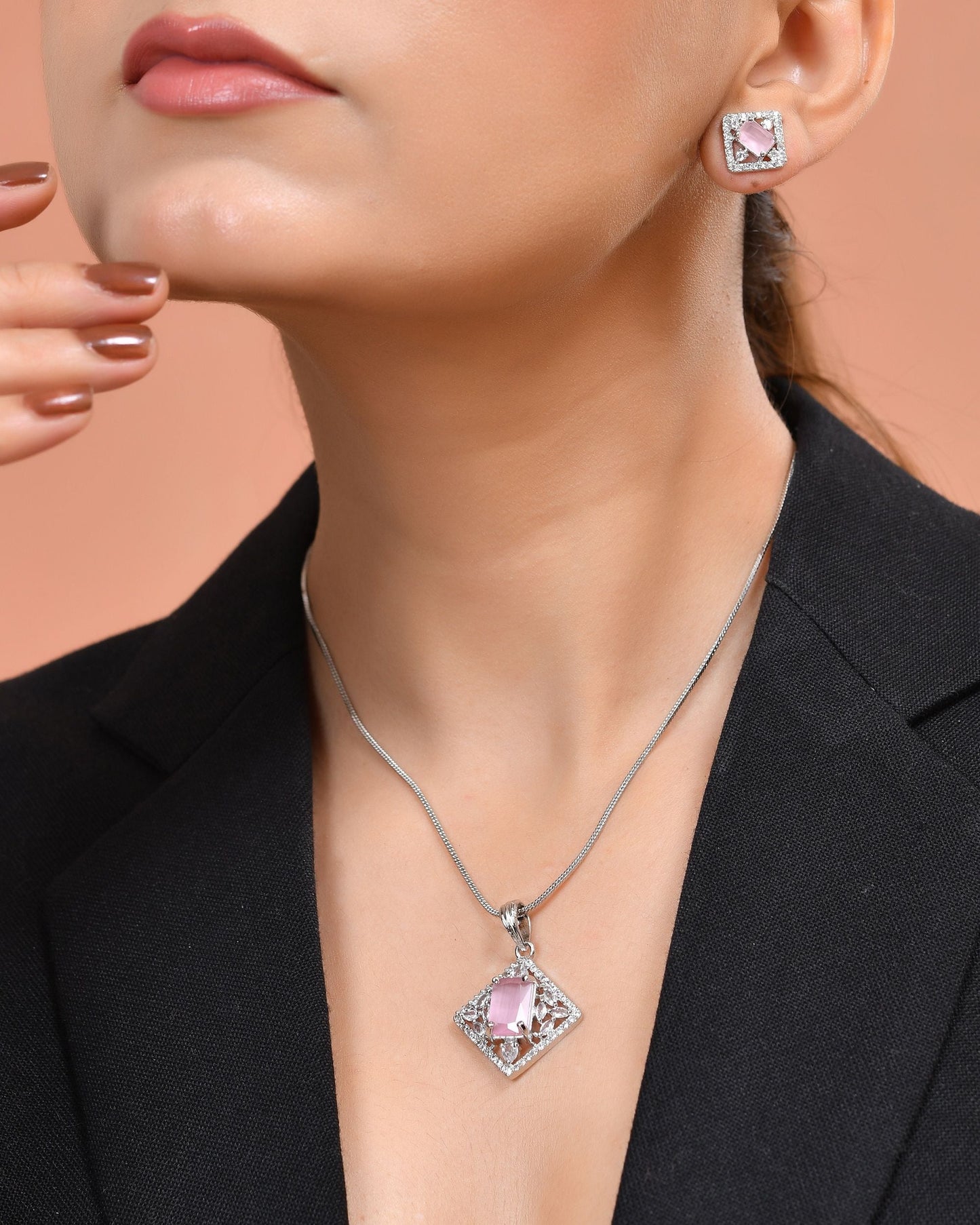 VOJ Silver Plated Baby Pink Rectangular Stone Square Pendant With Chain Set