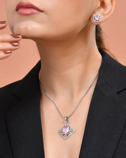 VOJ Silver Plated Baby Pink Rectangular Stone Square Pendant With Chain Set