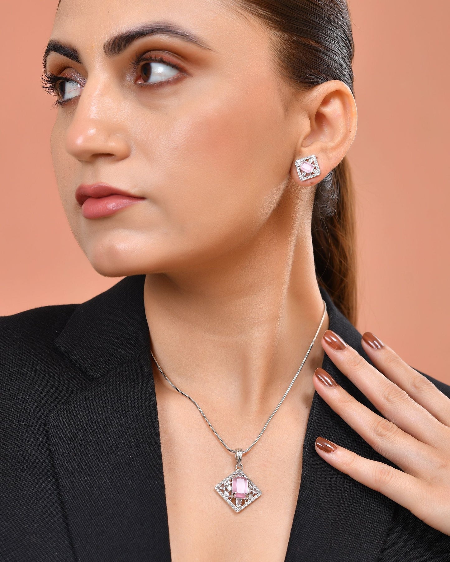 VOJ Silver Plated Baby Pink Rectangular Stone Square Pendant With Chain Set