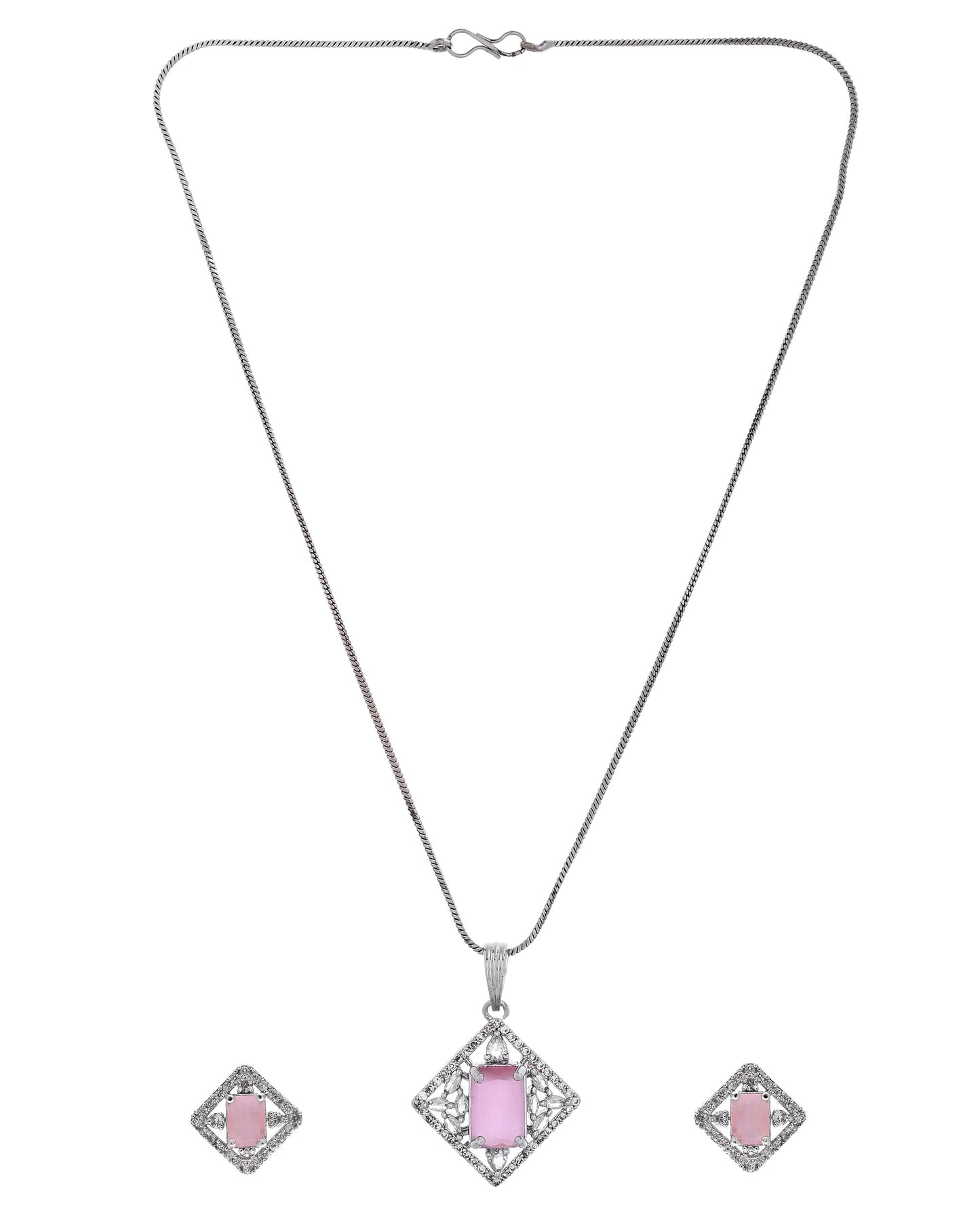 VOJ Silver Plated Baby Pink Rectangular Stone Square Pendant With Chain Set