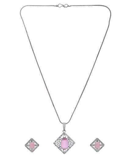 VOJ Silver Plated Baby Pink Rectangular Stone Square Pendant With Chain Set