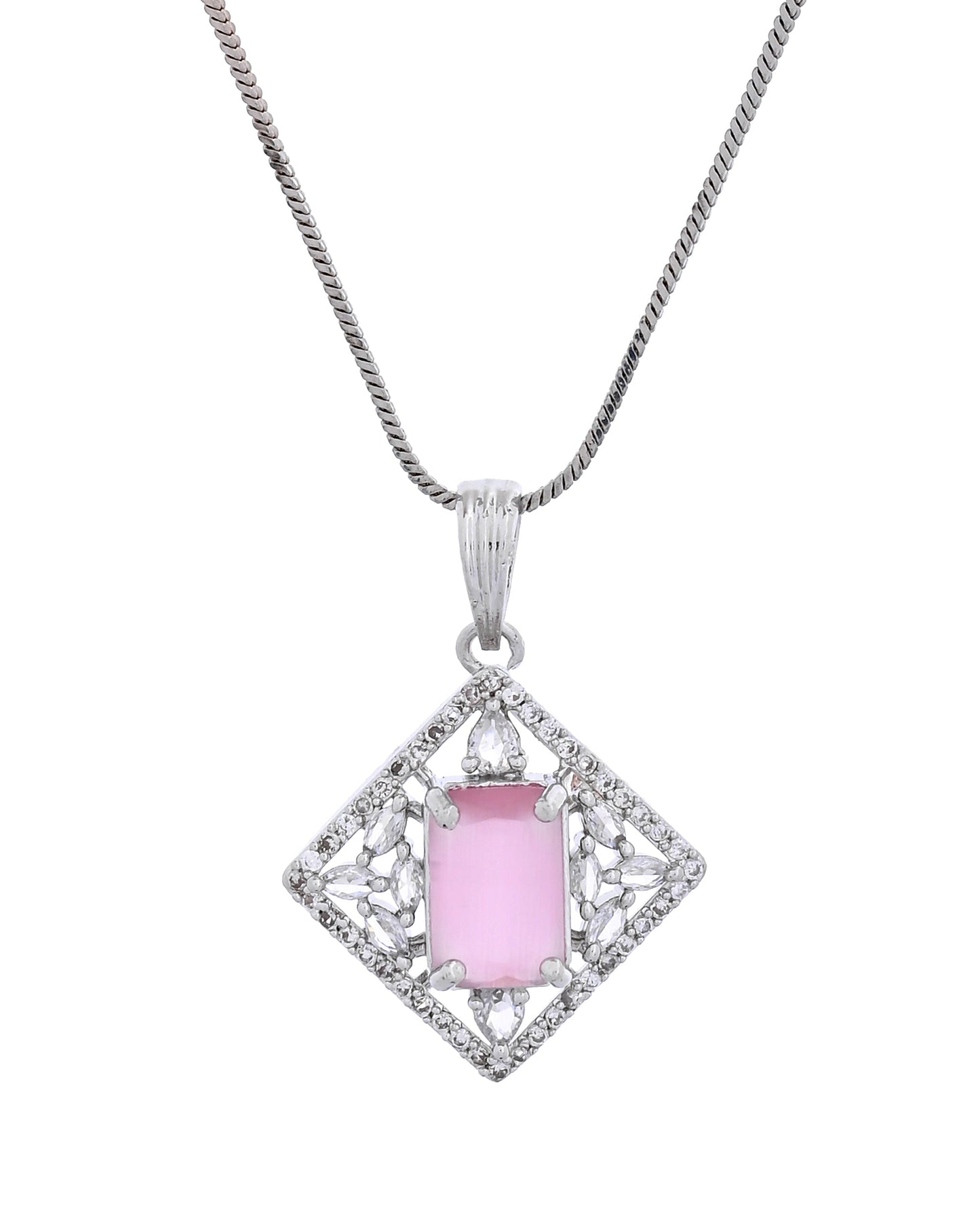 VOJ Silver Plated Baby Pink Rectangular Stone Square Pendant With Chain Set