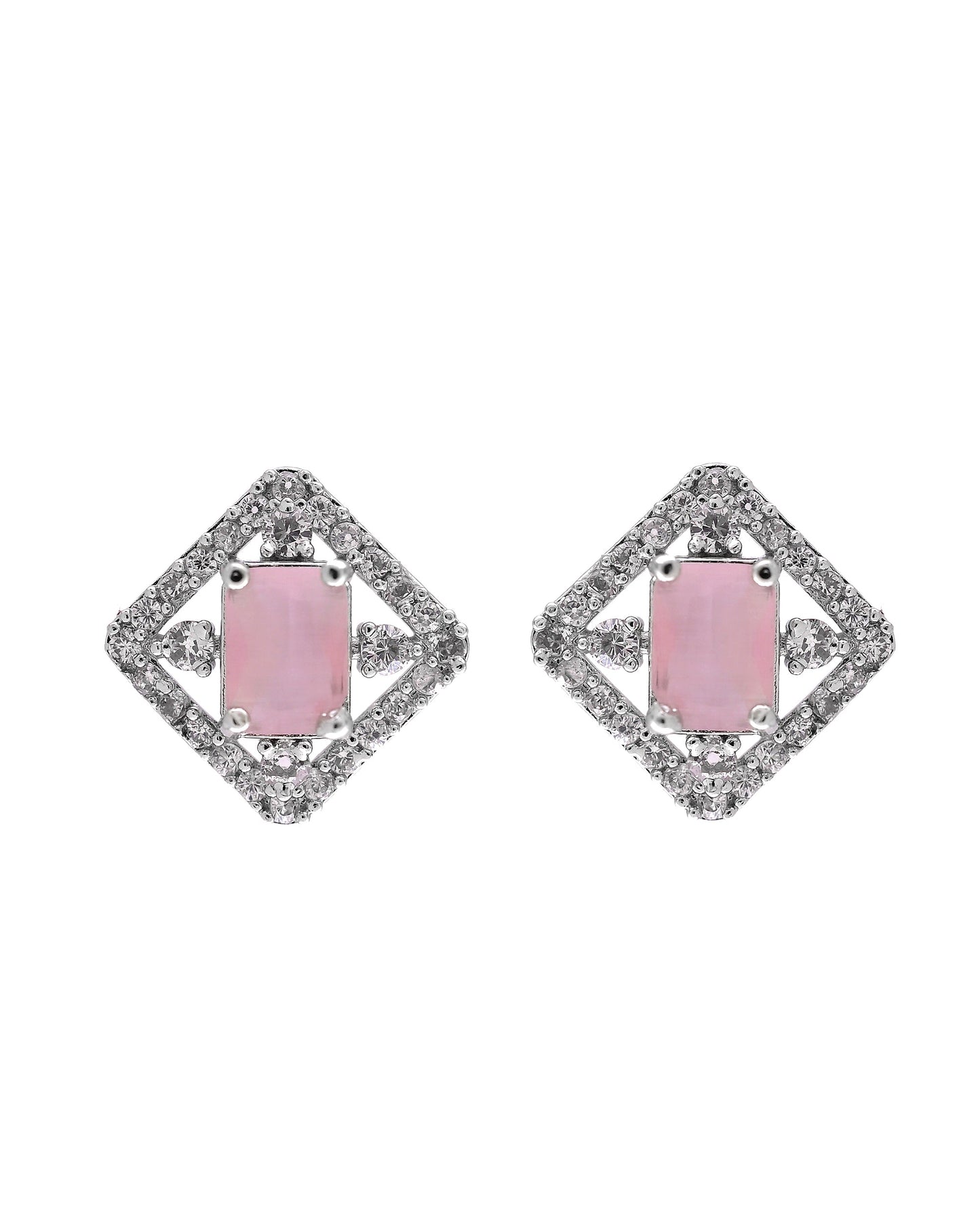 VOJ Silver Plated Baby Pink Rectangular Stone Square Pendant With Chain Set